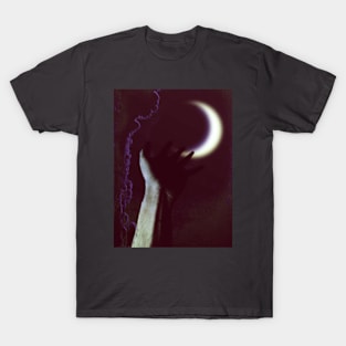 Digital collage and special processing. Hand pointing to the moon. Very beautiful. Low contrast, violet. T-Shirt